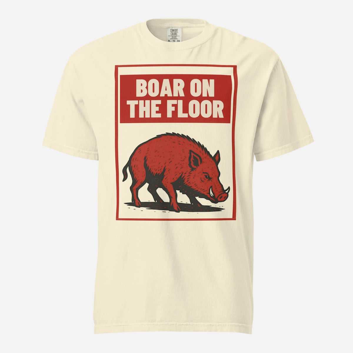 Ivory T-shirt with a red boar illustration and Boar on the Floor text, front view.
