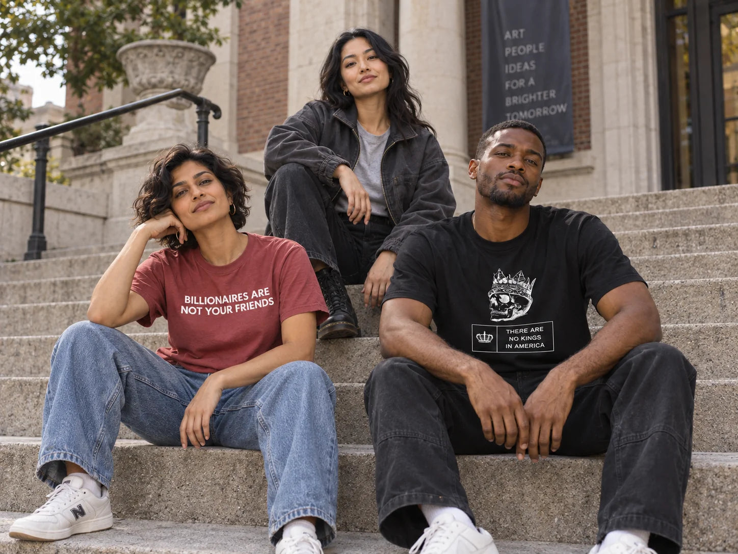 AI campaign imagery of three adults wearing House of Woke statement designs