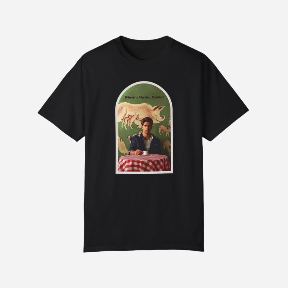 Black T-shirt, front view, with an arched collage of a seated figure and pigs.