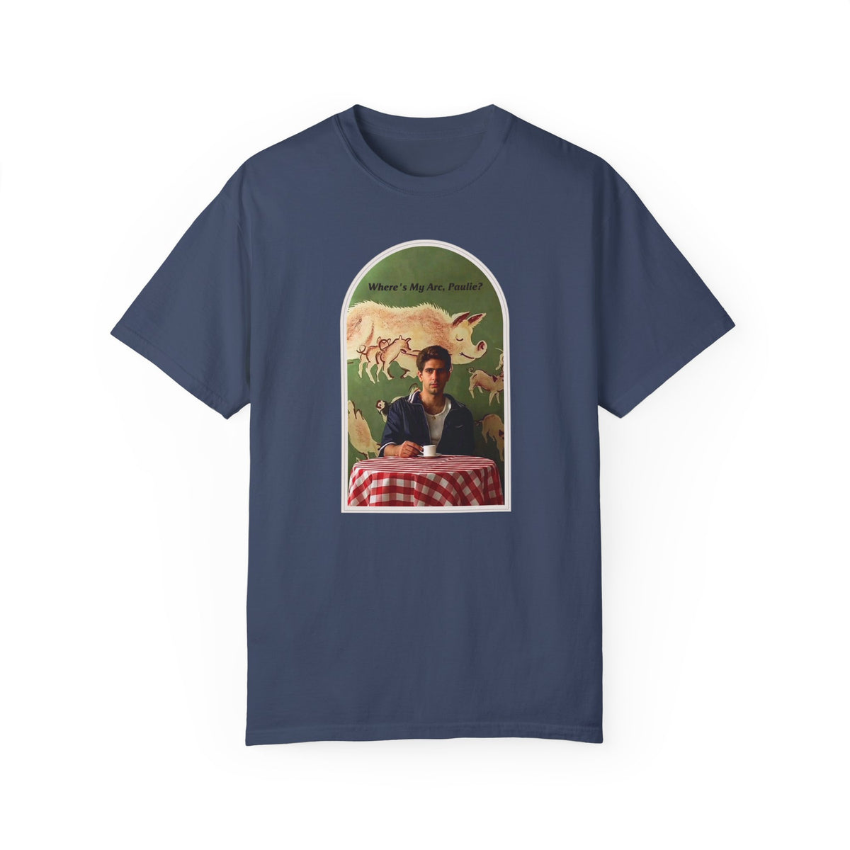 Navy blue T-shirt, front view, with an arched collage of a seated figure and pigs.