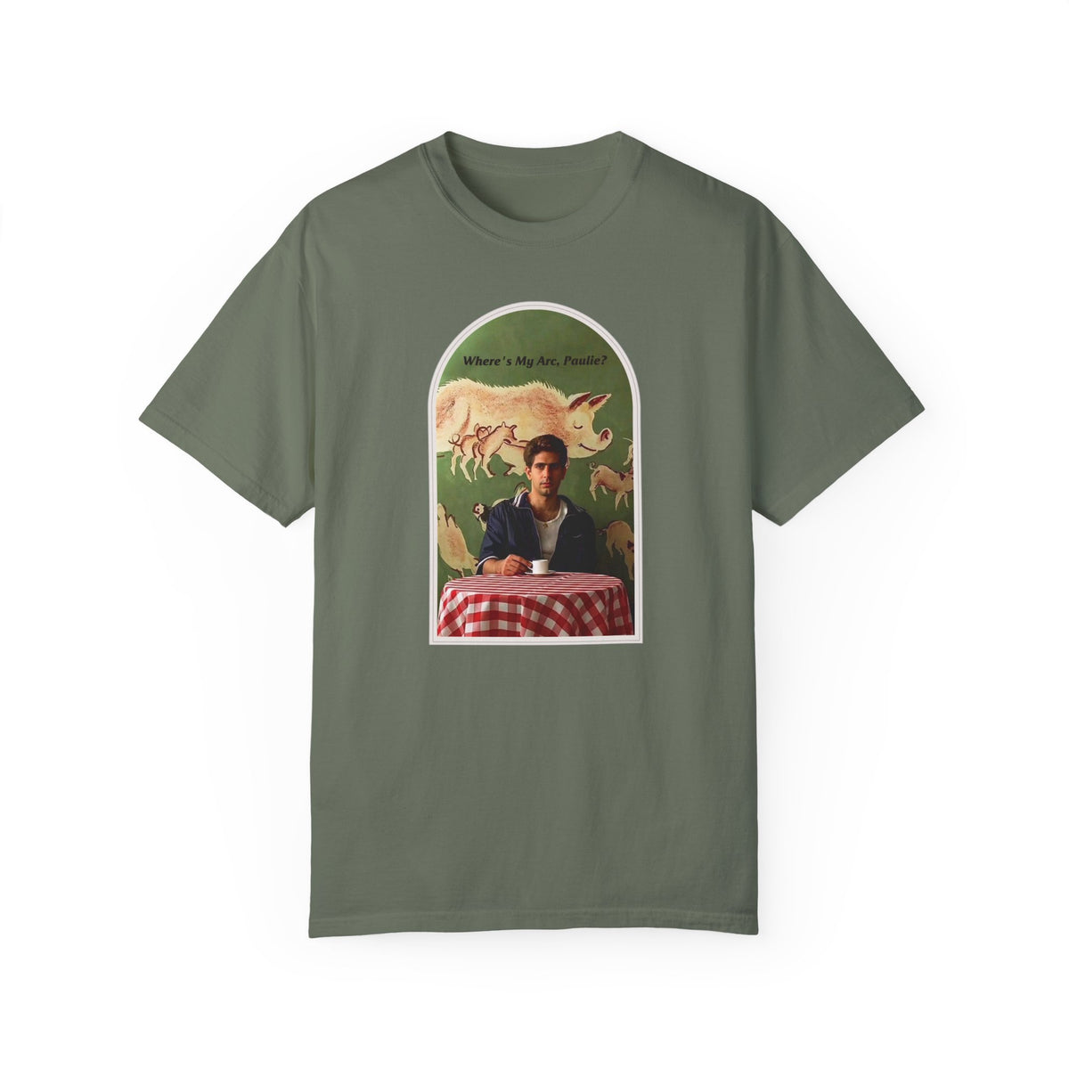 Sage green T-shirt, front view, with an arched collage of a seated figure and pigs.