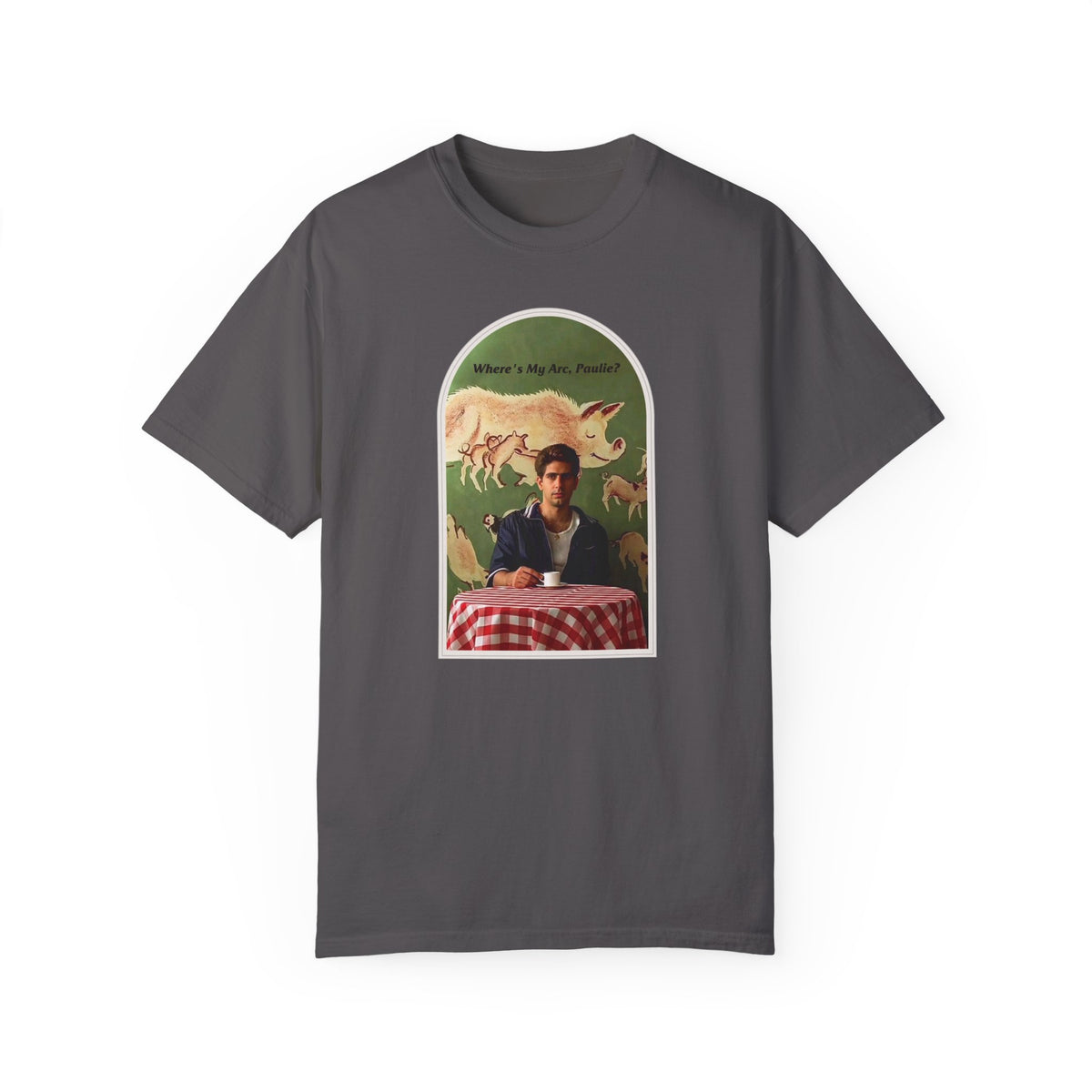 Charcoal gray T-shirt, front view, with an arched collage of a seated figure and pigs.