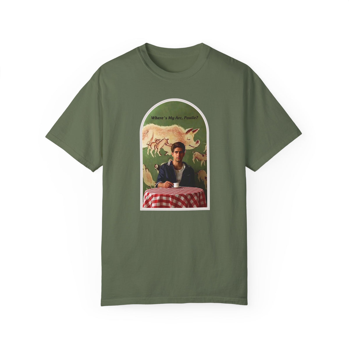 Olive green T-shirt, front view, with an arched collage of a seated figure and pigs.