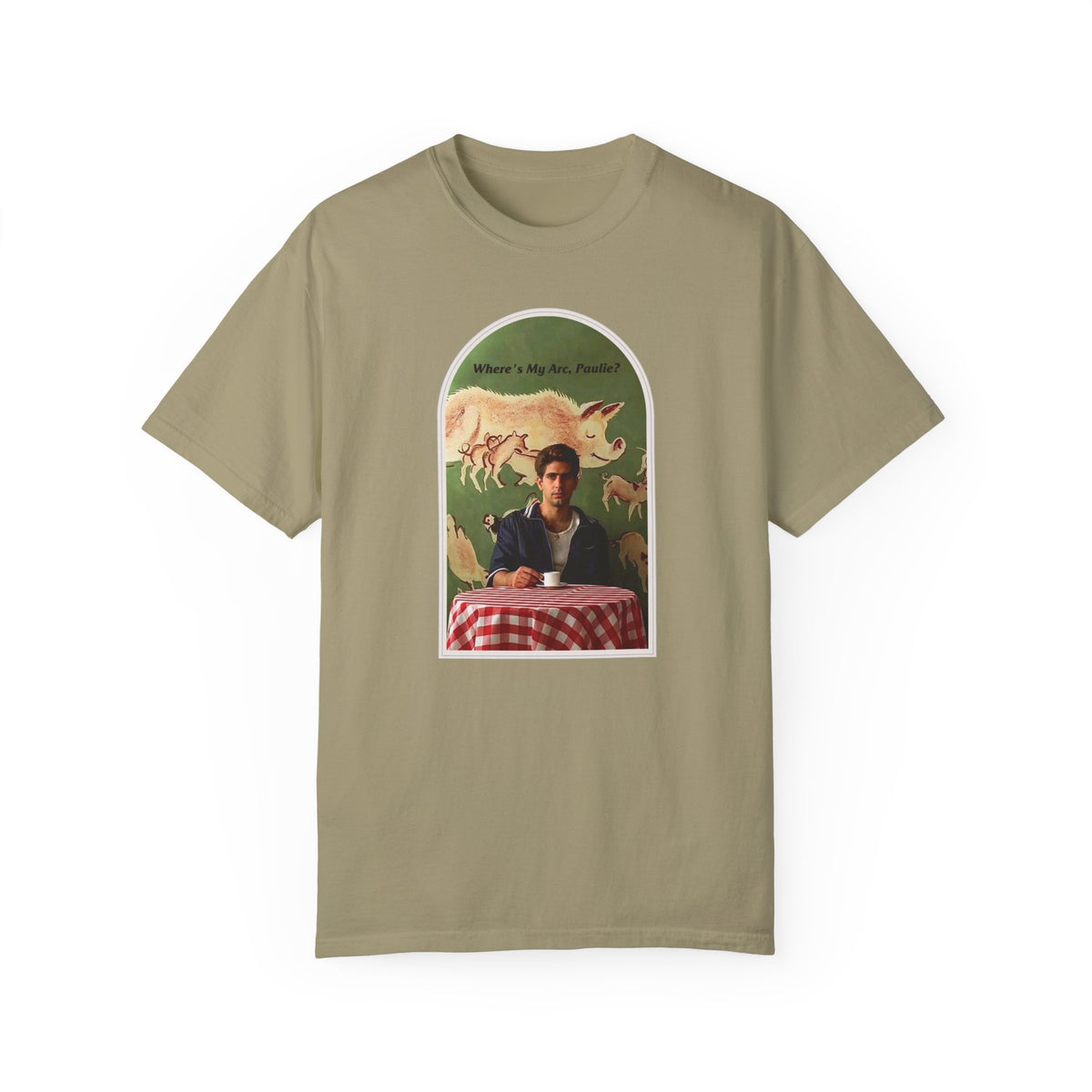 Khaki T-shirt, front view, with an arched collage of a seated figure and pigs.