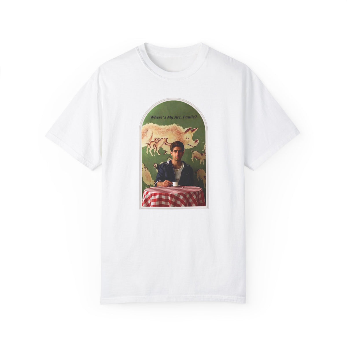White T-shirt, front view, with an arched collage of a seated figure and pigs.