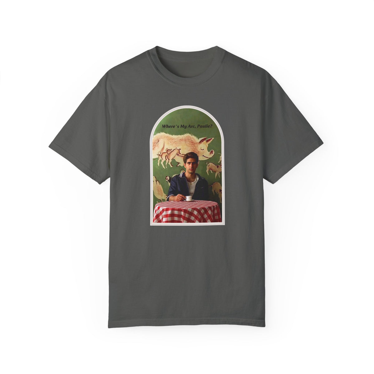 Dark gray T-shirt, front view, with an arched collage of a seated figure and pigs.