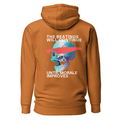 Adobe hoodie with a blue skull, red bar and The Beatings Will Continue text, back view.