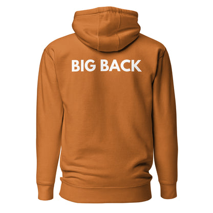 Adobe hoodie with white Big Back lettering, back view.