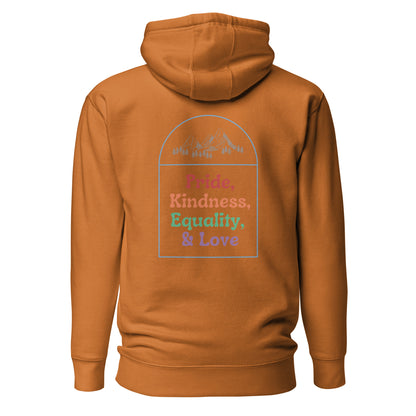 Adobe hoodie, back view with a mountain outline and colorful "Pride, Kindness, Equality, & Love" lettering.