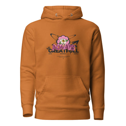 Adobe hoodie, front view, with a smiling pink flower and 'Always Grateful' lettering.