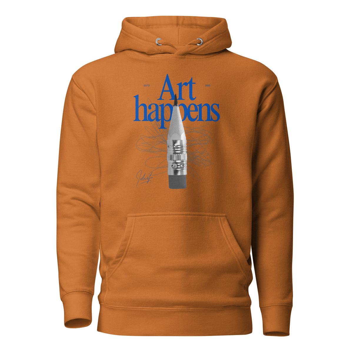 Adobe hoodie, front view with blue "Art Happens" lettering, a pencil and scribbled lines.
