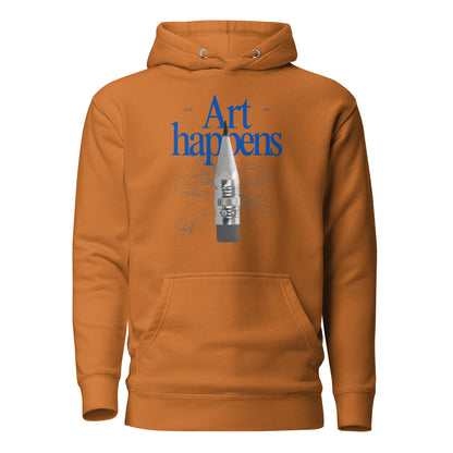 Adobe hoodie, front view with blue "Art Happens" lettering, a pencil and scribbled lines.