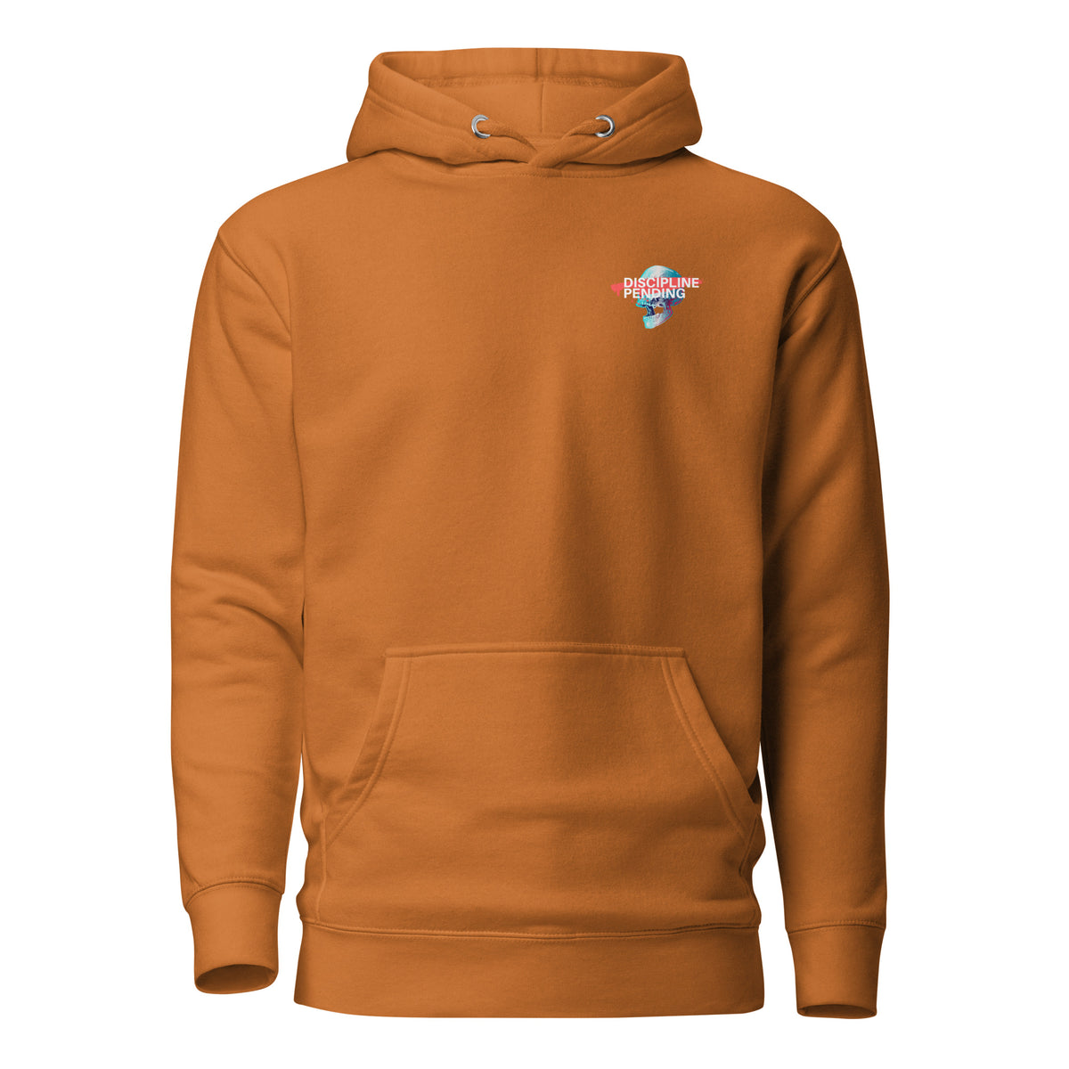 Adobe hoodie with a small blue skull graphic with red bar, front view.