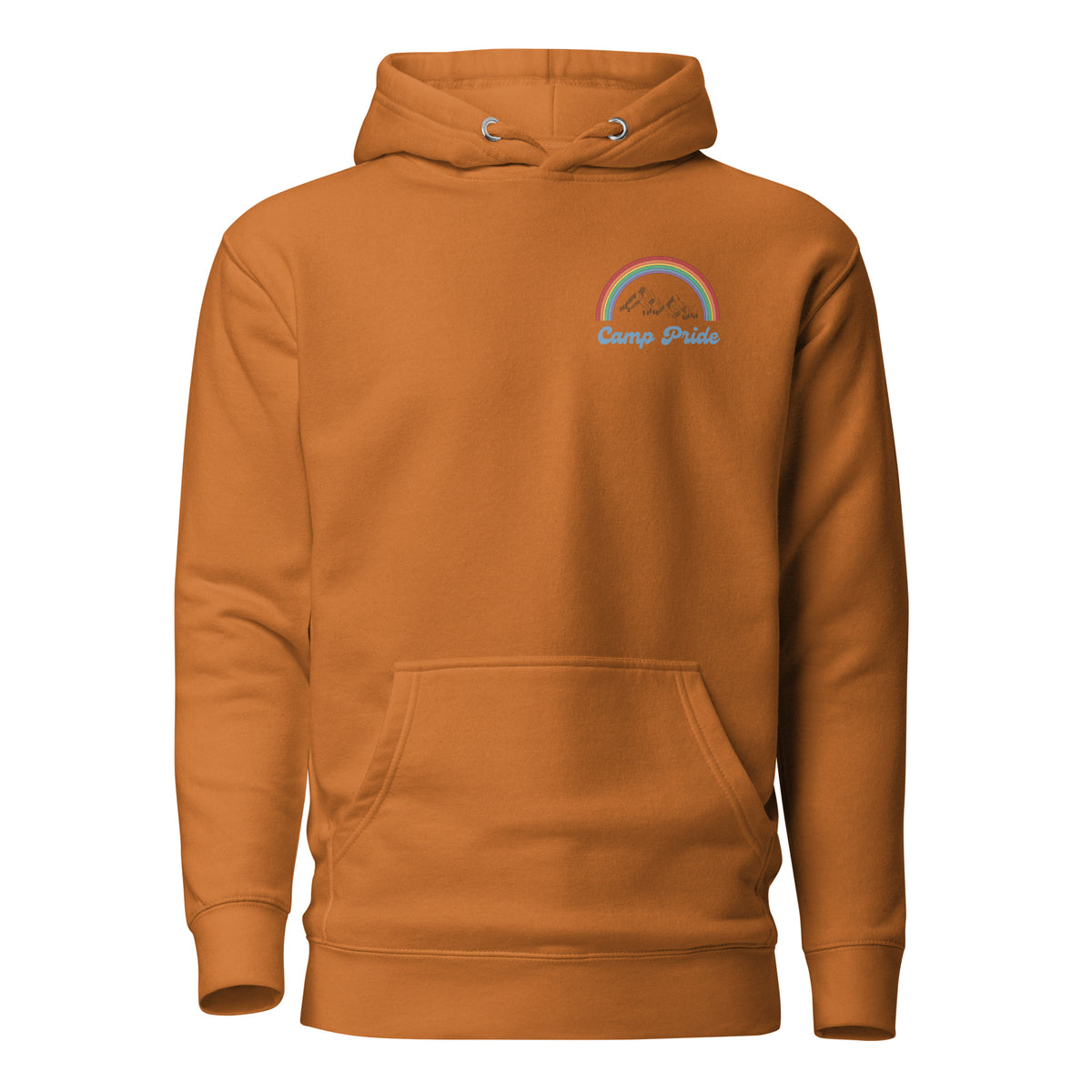 Adobe hoodie, front view with a rainbow-and-mountain "Camp Pride" chest graphic.