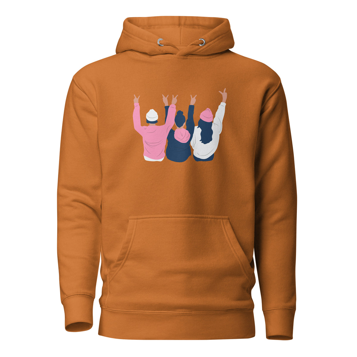 Adobe hoodie, front view with an illustration of three figures raising peace signs.