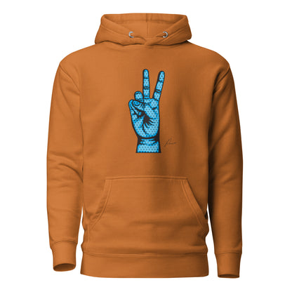 Adobe hoodie, front view, with an illustrated blue hand making a peace sign.