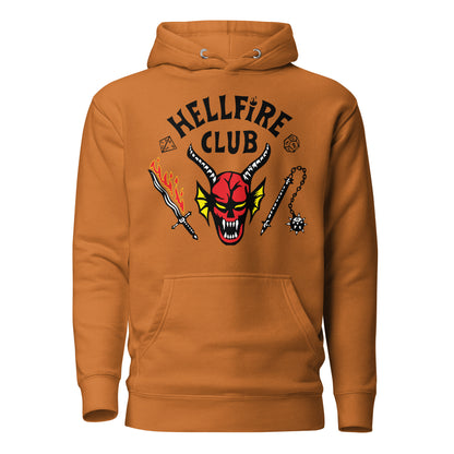 Adobe hoodie, front view with Hellfire Club lettering and a red horned-face graphic.