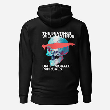 Black hoodie with a blue skull, red bar and The Beatings Will Continue text, back view.