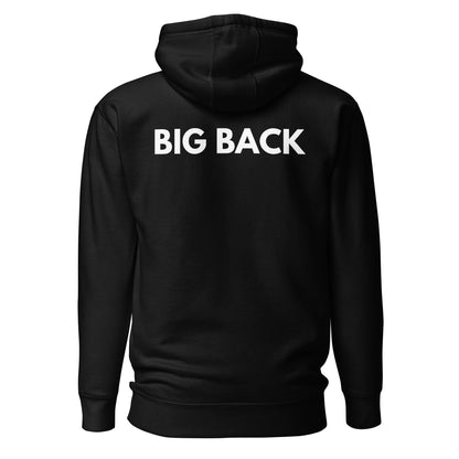 Black hoodie with white Big Back lettering, back view.