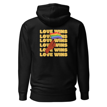 Black hoodie, back view with a hand waving a rainbow flag over yellow "Love Wins" lettering.