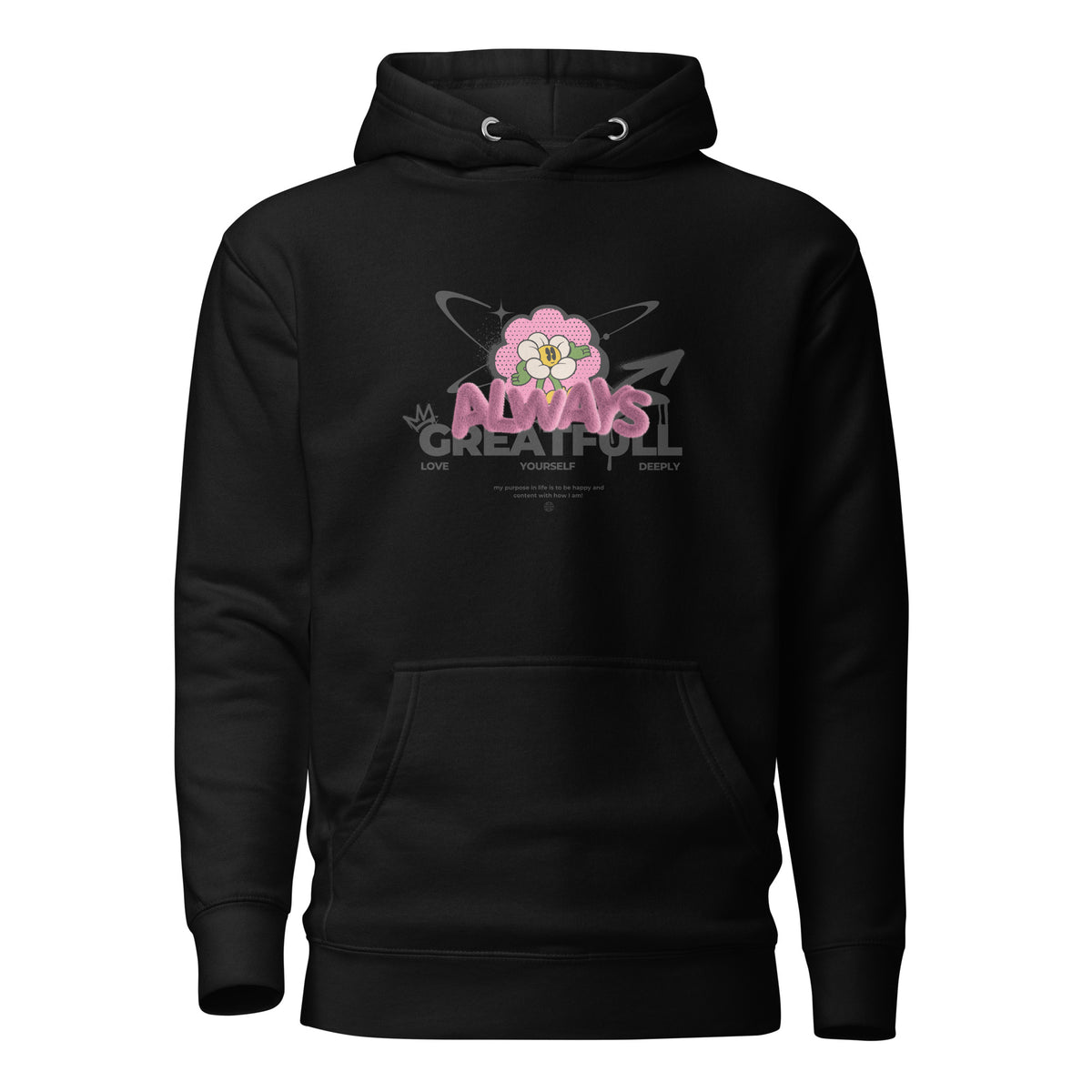 Black hoodie, front view, with a smiling pink flower and 'Always Grateful' lettering.