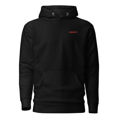 Black hoodie with small red amor chest lettering, front view.