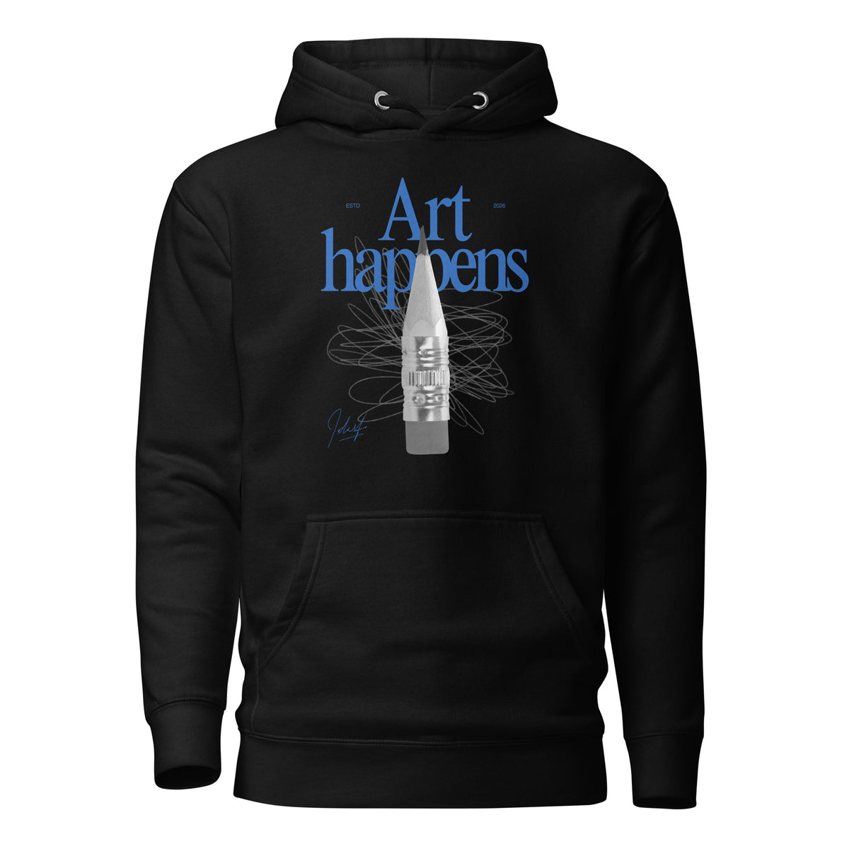 Black hoodie, front view with blue "Art Happens" lettering, a pencil and scribbled lines.