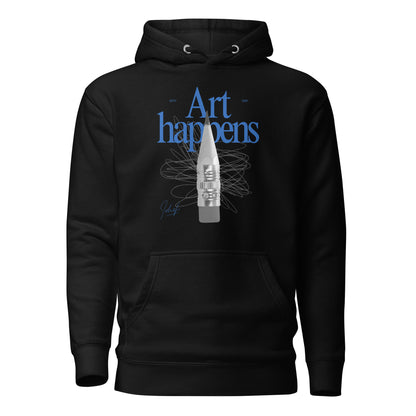 Black hoodie, front view with blue "Art Happens" lettering, a pencil and scribbled lines.