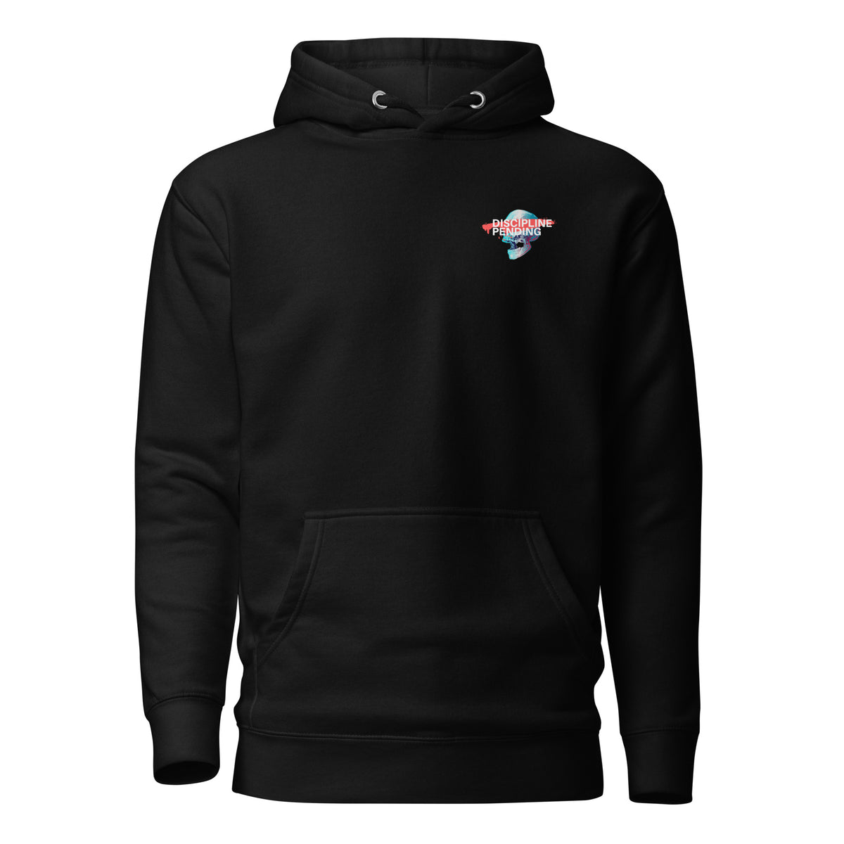 Black hoodie with a small blue skull graphic with red bar, front view.
