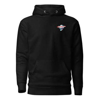 Black hoodie with a small blue skull graphic with red bar, front view.