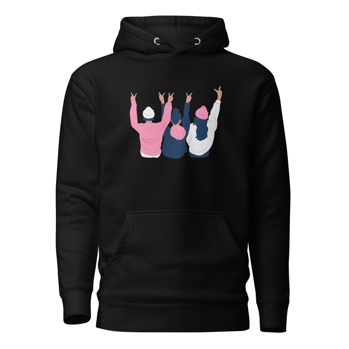 Black hoodie, front view with an illustration of three figures raising peace signs.