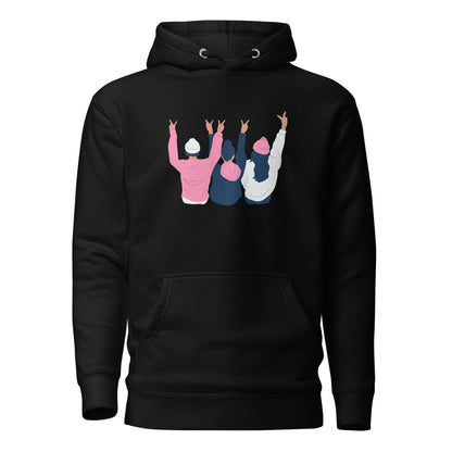 Black hoodie, front view with an illustration of three figures raising peace signs.