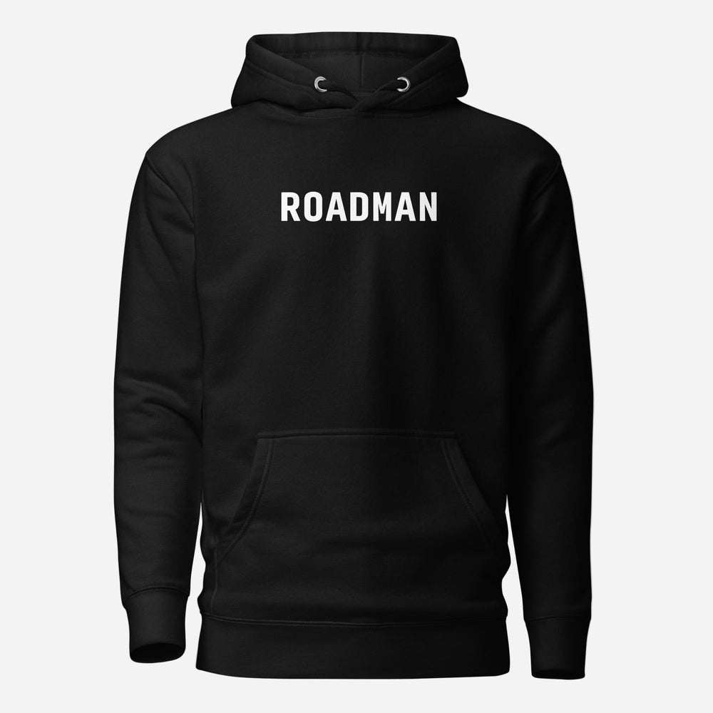 Black hoodie, front view with white "ROADMAN" lettering.
