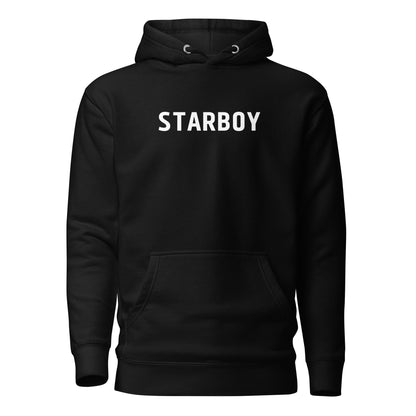 Black hoodie, front view, with white 'STARBOY' lettering.