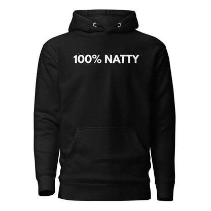 Black hoodie with white 100% Natty lettering, front view.