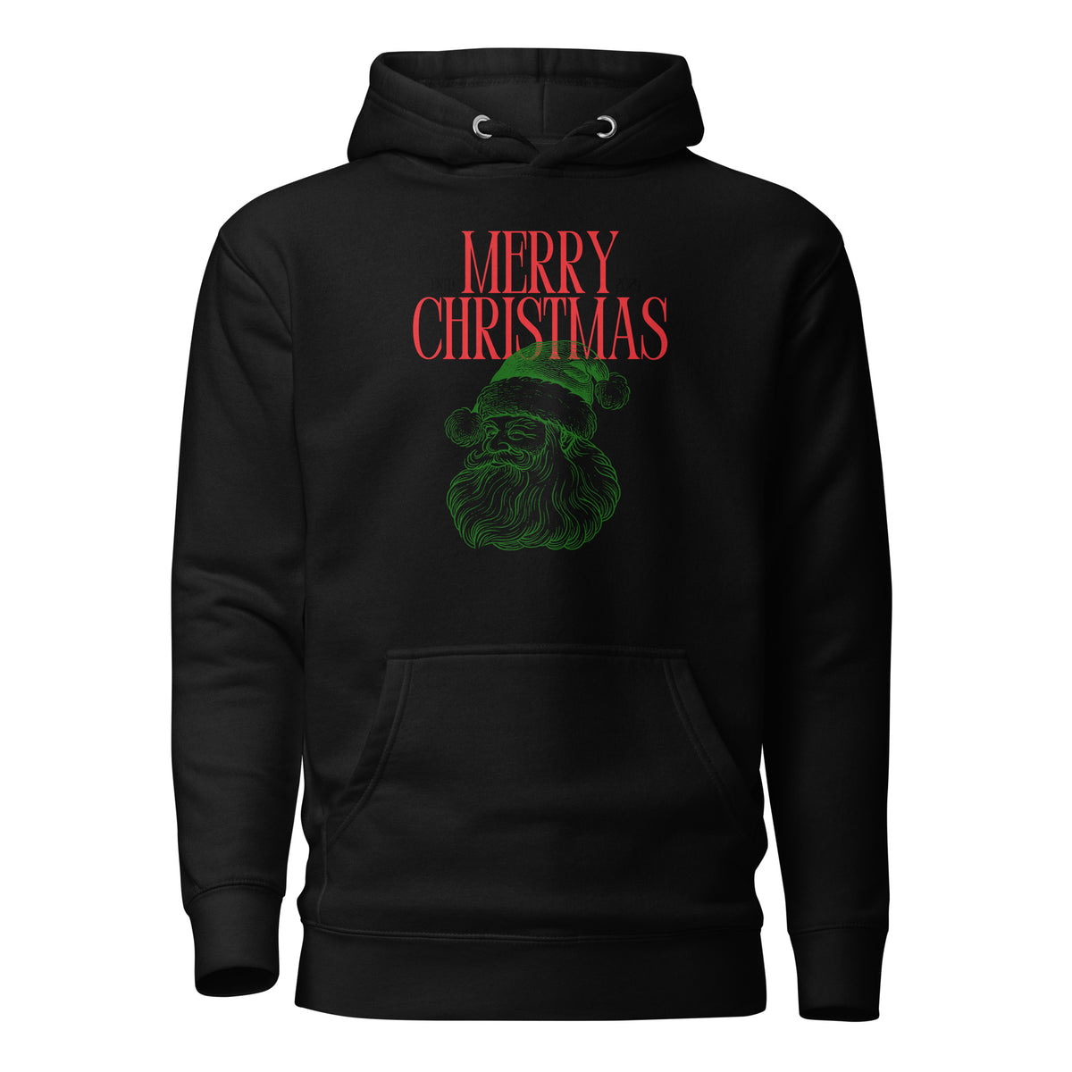 Black hoodie with red Merry Christmas 2025 text and green Santa face, front view.