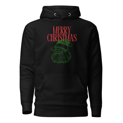 Black hoodie with red Merry Christmas 2025 text and green Santa face, front view.