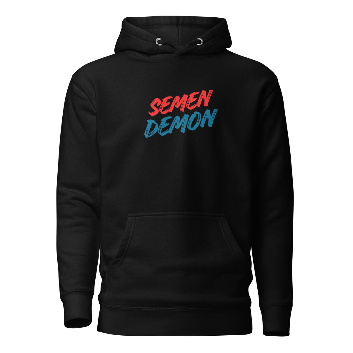 Black hoodie with red and blue Semen Demon lettering, front view.