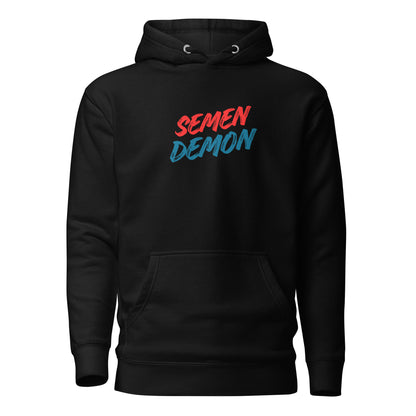 Black hoodie with red and blue Semen Demon lettering, front view.
