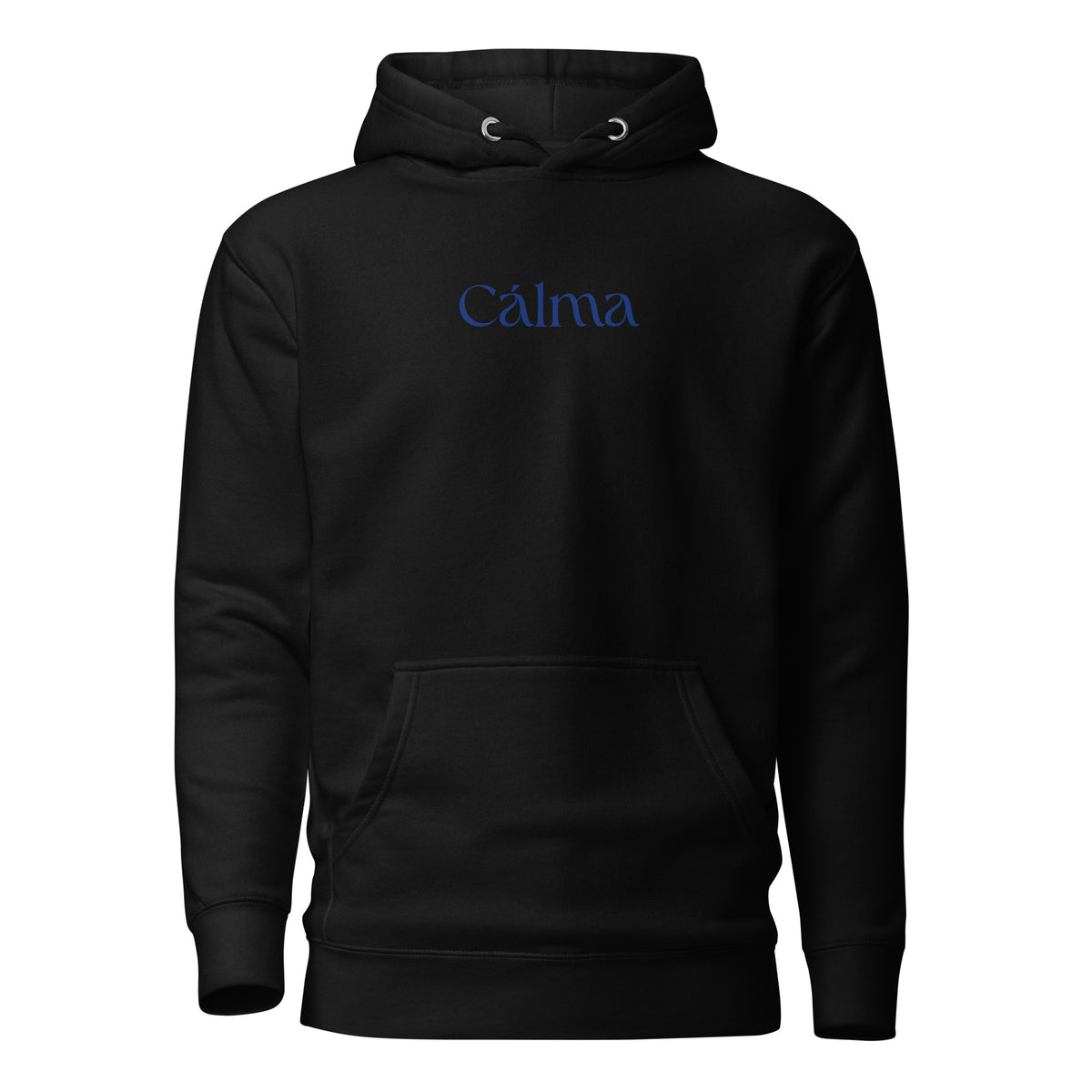 Black hoodie with blue Calma lettering, front view.