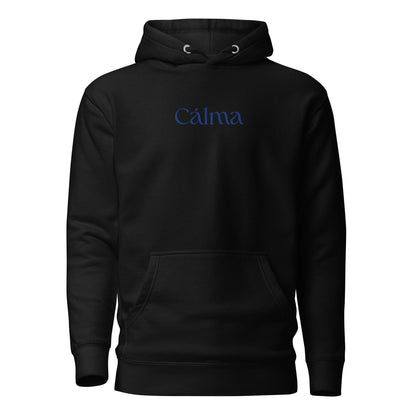 Black hoodie with blue Calma lettering, front view.