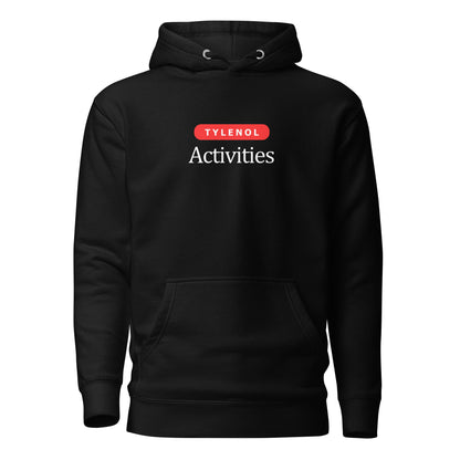 Black hoodie with white Tylenol Activities lettering and a red capsule shape, front view.