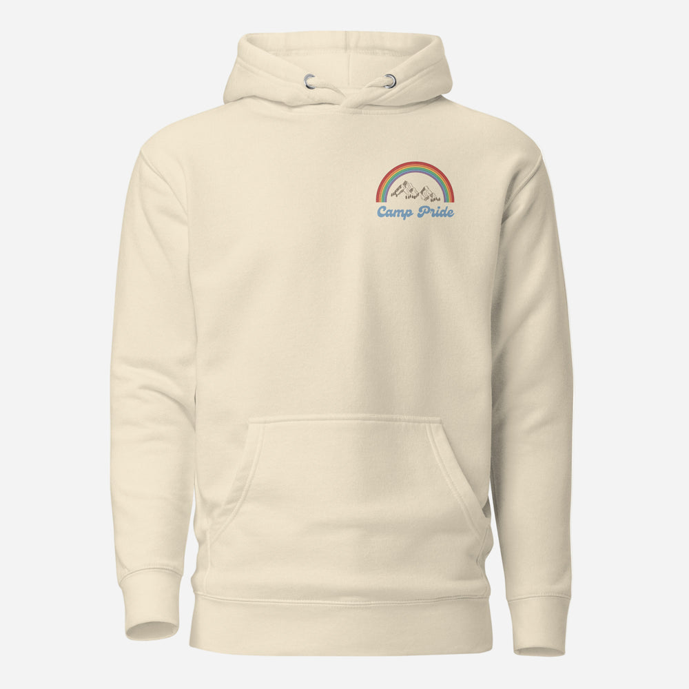 Bone hoodie, front view with a rainbow-and-mountain "Camp Pride" chest graphic.