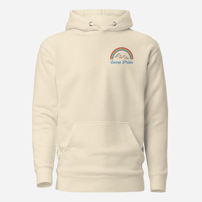 Bone hoodie, front view with a rainbow-and-mountain "Camp Pride" chest graphic.