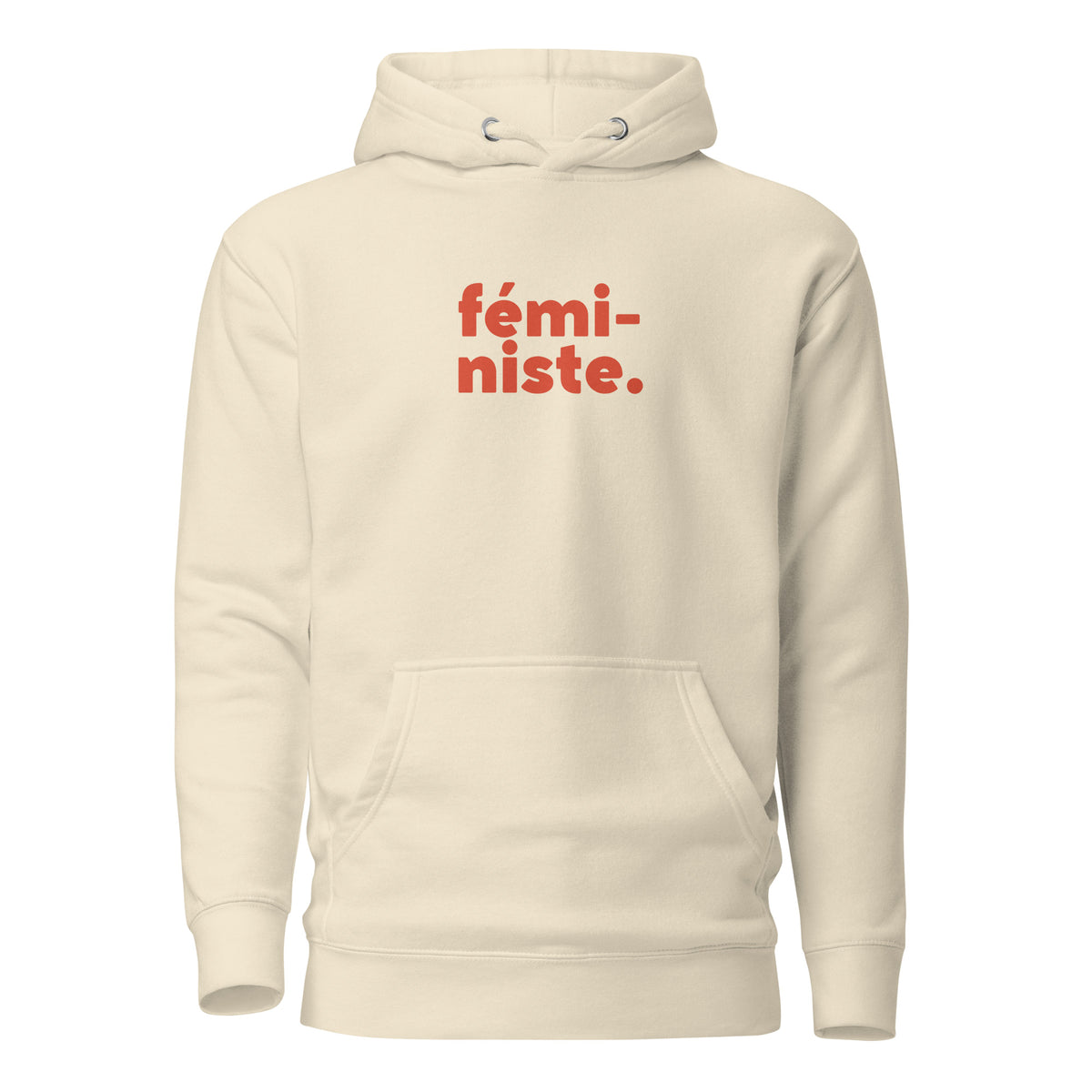 Bone hoodie, front view, with red stacked 'fémi-niste.' lettering.