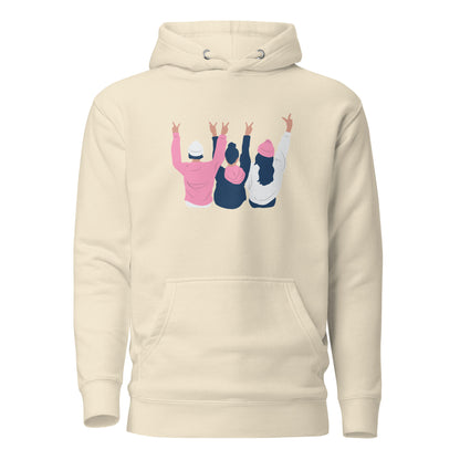 Bone hoodie, front view with an illustration of three figures raising peace signs.