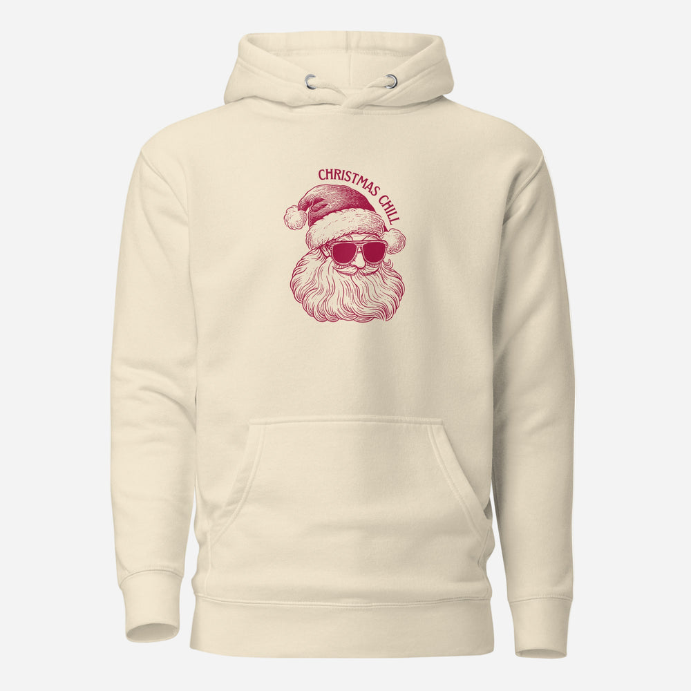 Bone hoodie, front view with a burgundy Santa face wearing sunglasses and "Christmas Chill" lettering.