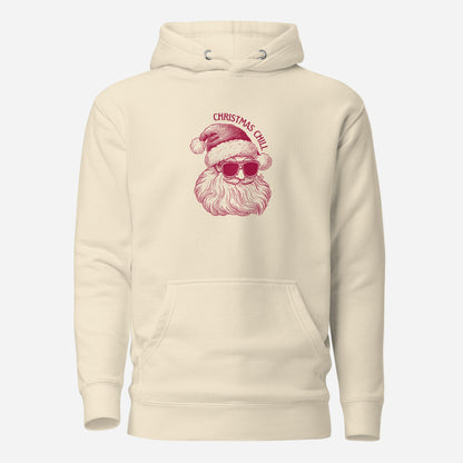 Bone hoodie, front view with a burgundy Santa face wearing sunglasses and "Christmas Chill" lettering.