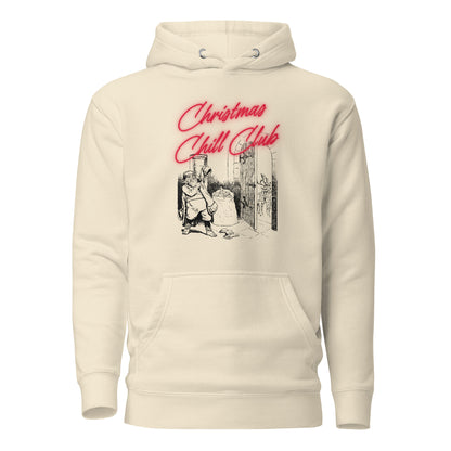 Bone hoodie, front view with a black-and-white Santa illustration and red "Christmas Chill Club" script.
