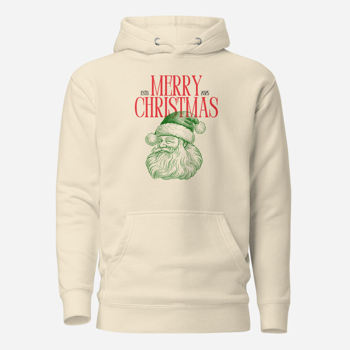 Bone hoodie with red Merry Christmas 2025 text and green Santa face, front view.